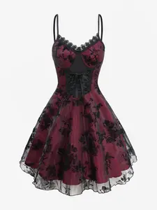 Rosegal Gothic Leaf Floral Bird Flocking Lace Up Lace-trim Layered Backless A Line Cami Dress for Cocktail Party Daily Wear