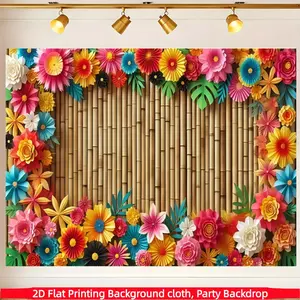 1pc， Tropical Hawaiian paper flower bamboo forest backdrop banner, made of polyester fabric, suitable for home, garden, and patio anniversary celebrations, as well as photo booth props. A versatile decoration for outdoor events, front porches, patios