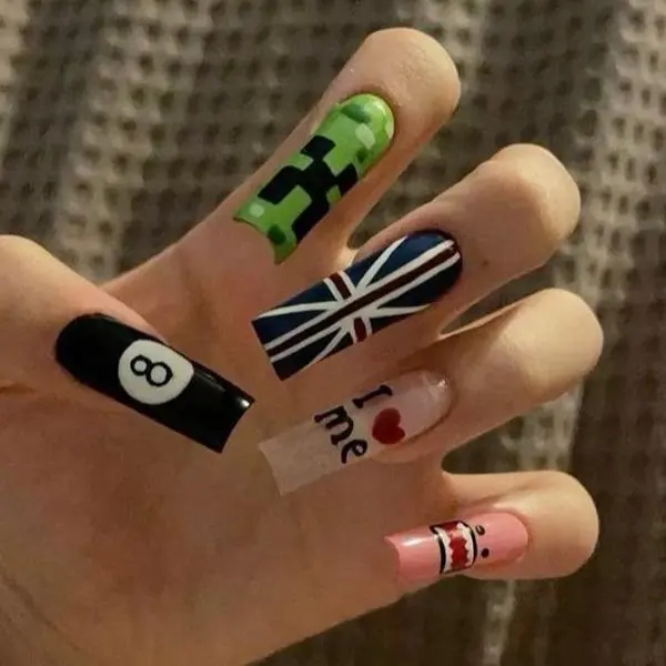 Y2K British Aesthetic Press On Nails, Union Jack, Creeper Pixel, 8 Ball, Kawaii, Graphic Art, Handmade False Nail Set