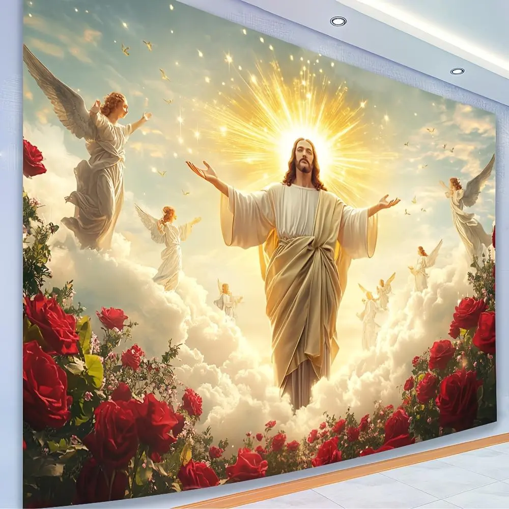 1pc 2D Flat Glam Polyester Jesus and Red Roses Wall Tapestry - Religious Theme Backdrop, Polyester Material for Living Room, Bedroom Decor, Unique Non-Electric Feather-Free White Gift