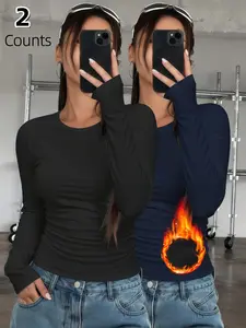 2-Pack Women's Thermal Underwear Tops, Solid Color Classic Crew Neck Long-Sleeve Base Layers for Autumn & Winter - Ideal as Running, Hiking Activewear, Comfortable Base Layer Tees Suitable for Outdoor Activities