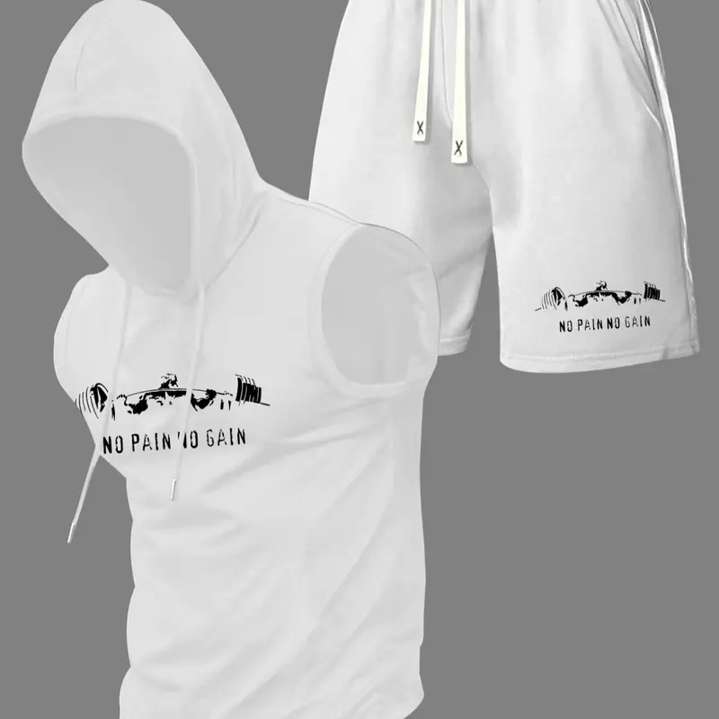 Two-piece Set, Co Ord Set, Men's Letter Print Hooded Tank Top & Drawstring Waist Shorts, Regular Fit Sleeveless Top & Track Shorts, Casual Summer Outfits for Outdoor