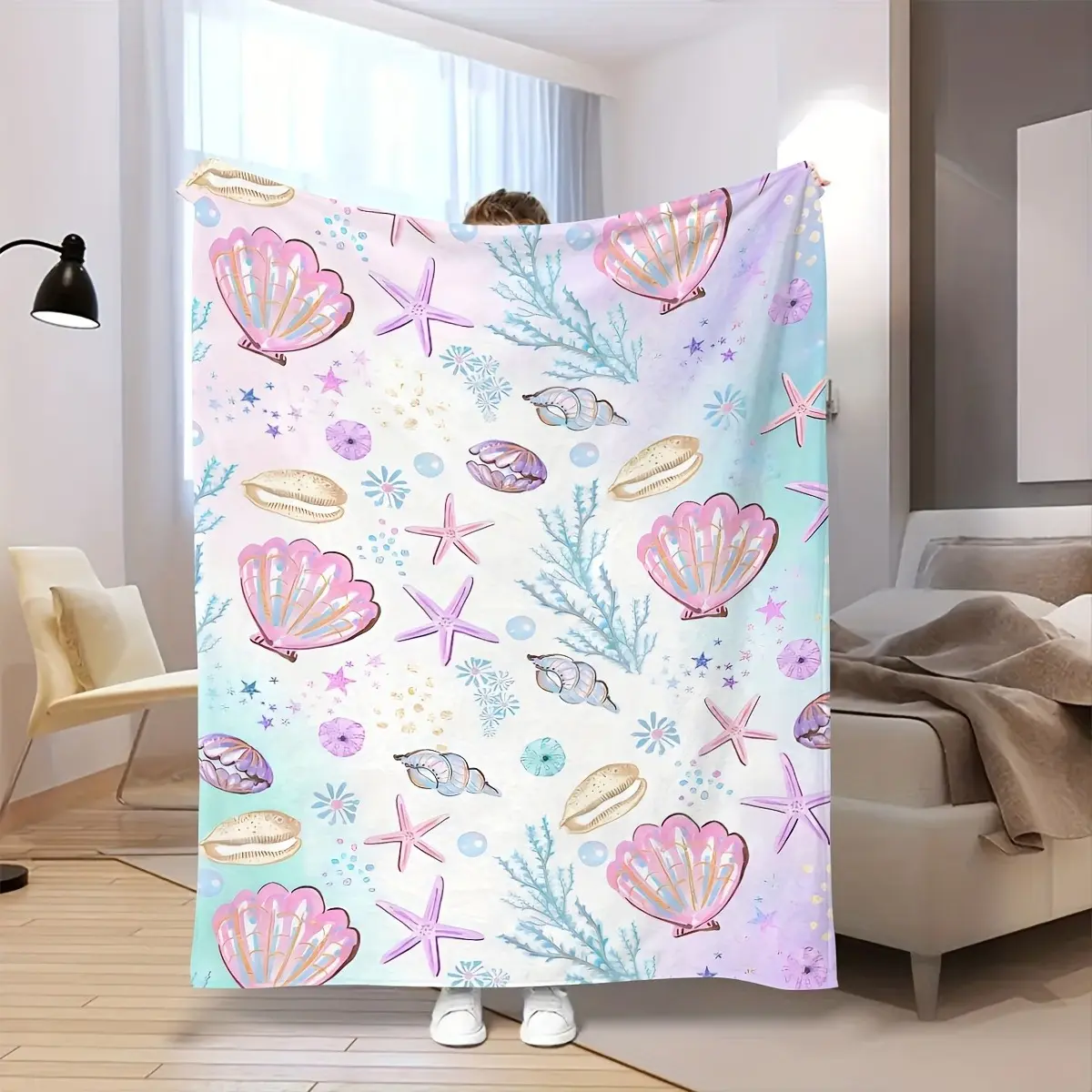 Watercolor Pastel Seashell Starfish Coastal Beach Soft Cozy Flannel Blanket Ocean Theme Print Plush Throw Warm Fuzzy Bedroom Sofa Blanket Perfect Gift for Beach Ocean Lover Women Girls Kids, Coastal Look, Flannel Fabric