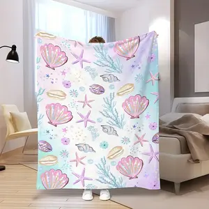 Watercolor Pastel Seashell Starfish Coastal Beach Soft Cozy Flannel Blanket Ocean Theme Print Plush Throw Warm Fuzzy Bedroom Sofa Blanket Perfect Gift for Beach Ocean Lover Women Girls Kids