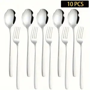 10-Piece Silver Color Stainless Steel Fork Spoon Dinnerware Service Set, Korean Style Cutlery, Includes 5 Dinner Forks & 5 Tea Spoons, Durable Dishwasher Safe