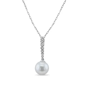 Vertical Drop 10MM Freshwater Pearl Diamond Necklace
