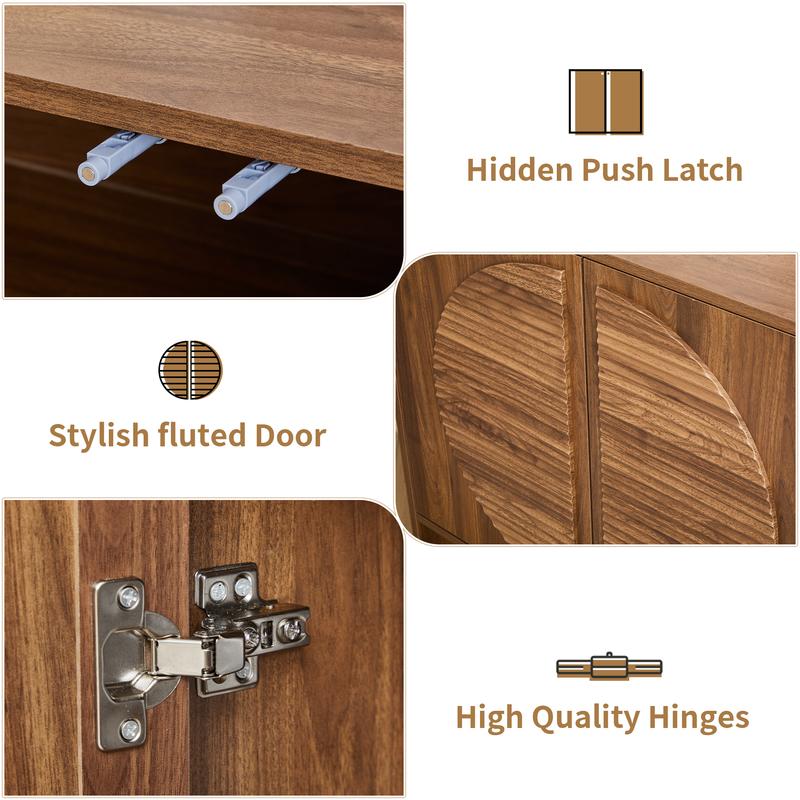 Giratree Mid-Century Fluted Wood Sideboard Buffet – 31" Curved Storage Cabinet with Round Textured Doors & Adjustable Shelves, Brown Accent Credenza for Living Room or Kitchen