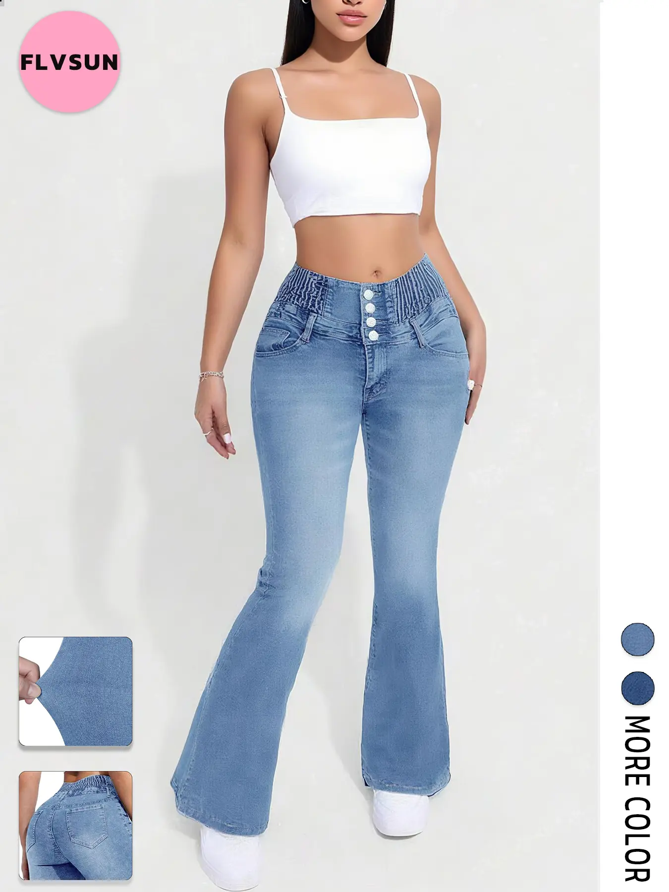 Women's High Rise Jeans, Flared Stretch Trouser with 4-Button Tummy Control and Sculpting Fit for Streetwear, Minimalist, Tummy Control Jeans, Stretch Jeans