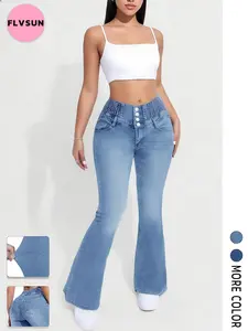 Flvsun-Women's High Waisted Flare Jeans 4-Button Tummy Vintage Slim Stretch Bell Bottoms Wide Leg Denim Pants Vintage Wash   Trouser Streetwear Basic Minimalist