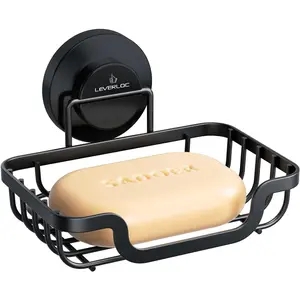 Soap Dish, Soap Bar Holder for Shower Suction Cup Wall Mounted, Stainless Steel No-Drilling Removable Waterproof Sponge Holder for Bathroom Bathtub Kitchen Sink, Keep Dry, Black