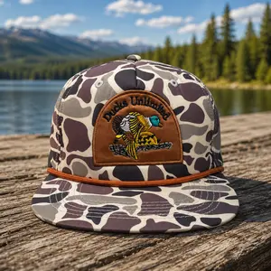 Duck Camo Trucker Hat, Vintage Waterfowl Hunting Snapback Cap, Embroidered Mallard Duck Rope Hat, Flat Bill Camo Hat