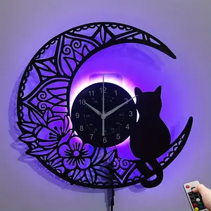 Vintage Vinyl Record Wall Clock, Cat & Moon Design, Perfect for Living Room, Bedroom, Office Decor, LED Night Light, Gift Idea