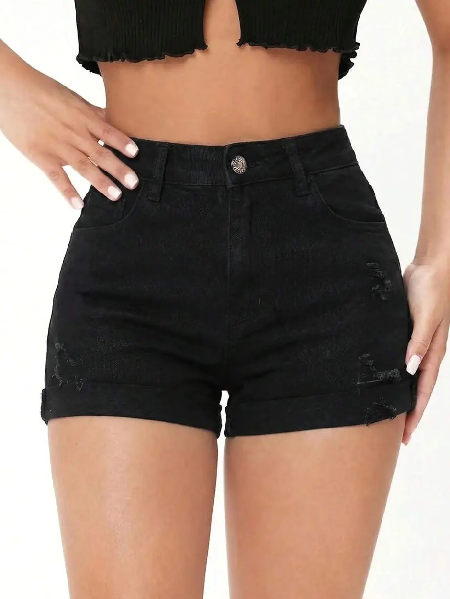 Petite Ripped High Waist Denim Shorts, Washed Slim Fit Jean Shorts, Casual Summer Apparel for Women