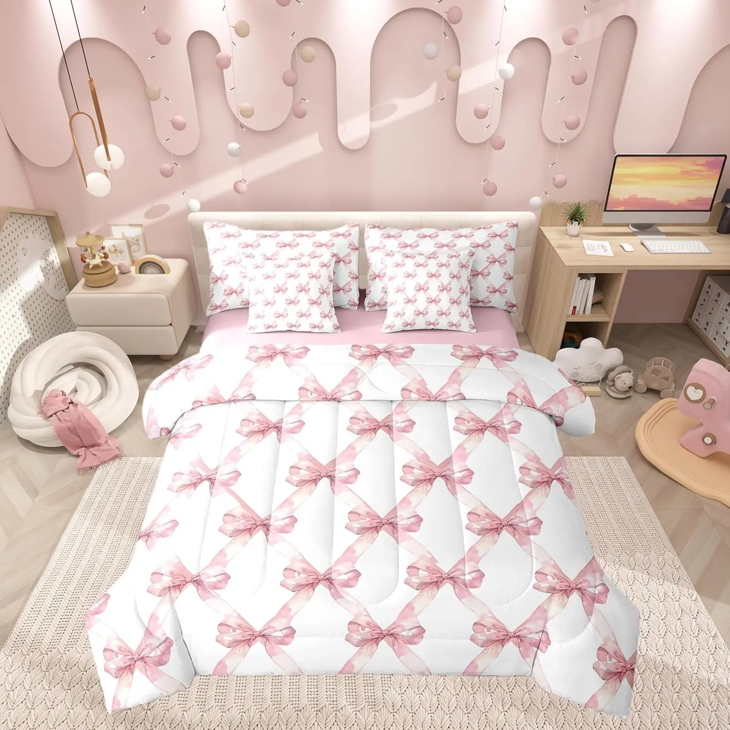 Feelyou 7-Piece Microfiber Blanket Bedding Set - Pink Princess-Style Comforter, Printed Patchwork Geometric Grid, Watercolor Bow, Low-Heat Tumble Dry, Nursery Option, Halloween/Thanksgiving/Father's Day Gift