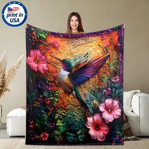 Flannel Throw Blanket with Hummingbird Floral  Design, 280GSM Soft Cozy Warm Comfortable Lightweight Portable for Couch Bed Travel, Gift for Women Mom Grandma Mother's Day Birthday, Vibrant Delicate Joyful