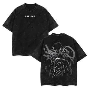 Men's Oversized Loose-Fitting Distressed Casual Short-Sleeve Tshirt - Acid-Washed Round Neck, Lightweight, Double-Printed Solo Leveling Sung Jin Woo & Nirvana In Utero Graphics, 90s Vintage Tropical Streetwear Menswear Top, Festive Gift for Anime Fans