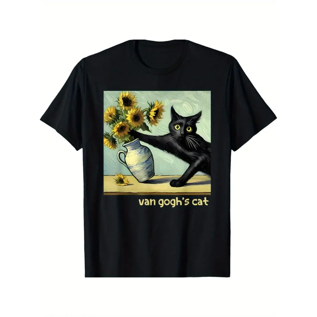 Women's Cotton Short-Sleeve Round-Neck T-Shirt - Black Cat Sunflower Art Print, Cute Aesthetic Streetwear Casual Summer Top, Gift for Cat Lovers, Shortsleeve