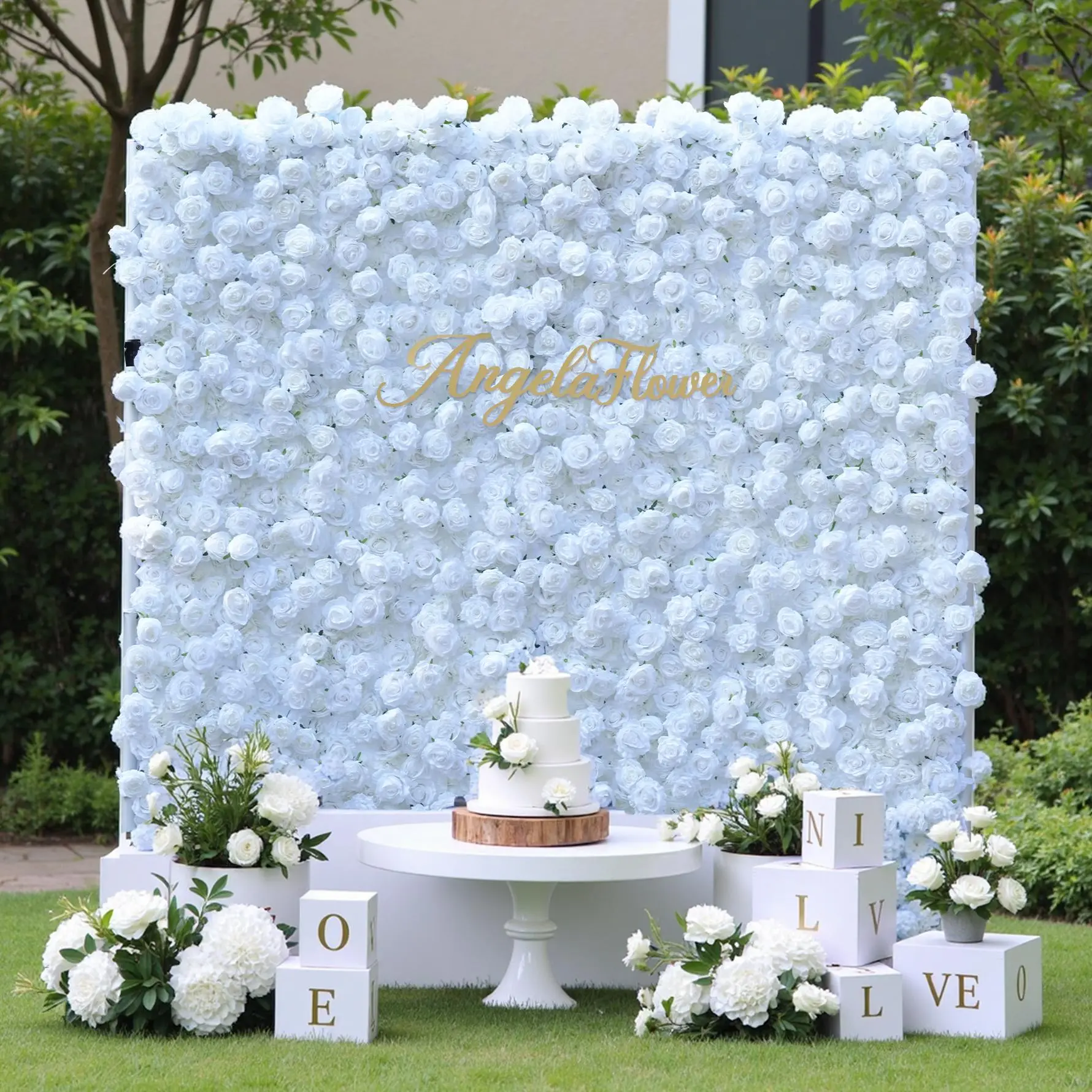 A8911 Versatile Romantic Floral Silk Cloth Wall Hanging Backdrop - White Cloth Base Rose Design, Party Decor, Event Decor, Wedding Ceremony Prop