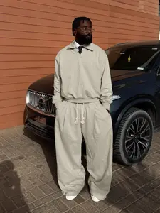 Men's Comfortable Casual Two-Piece Set, Loose-Fit Knit Pullover Hoodie with Collar & Straight-Leg Trousers for Street Style