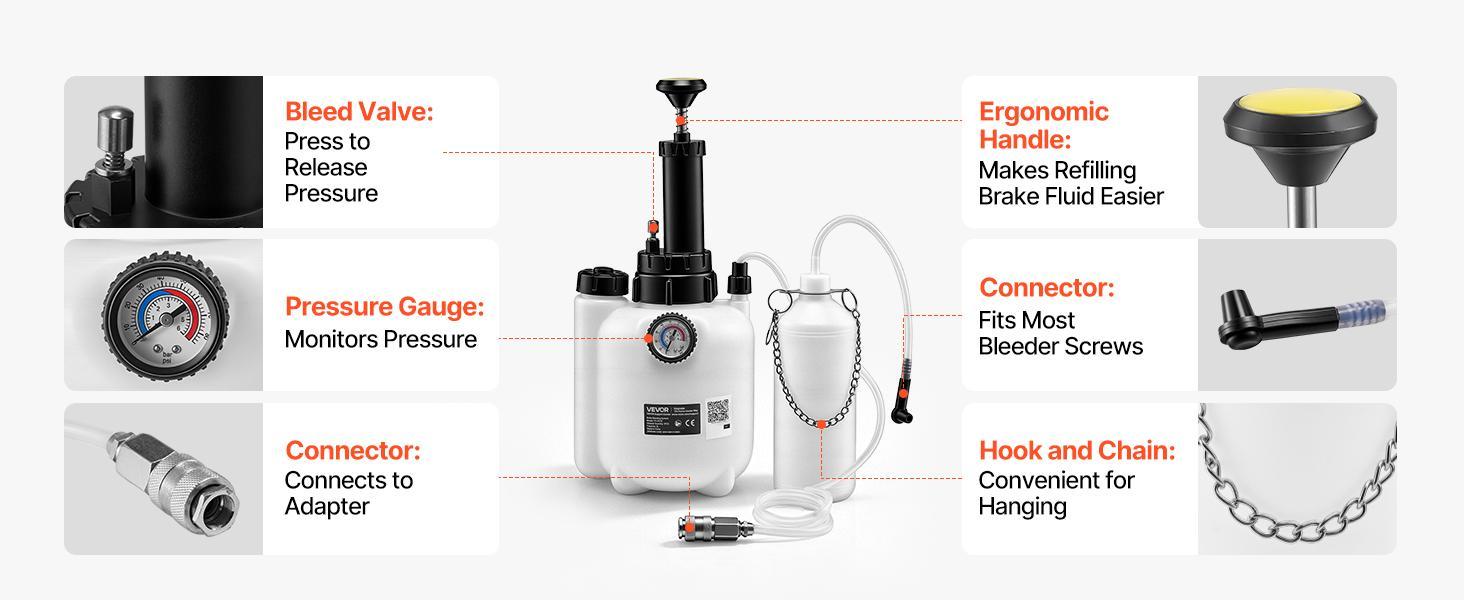 【BackToSchool】VEVOR Brake Bleeder Kit, 3L Manual Brake Fluid Bleeding Kit with 1L Waste Bottle & 4 Master Cylinder Adapters, One-Person Professional Brake Fluid Pressure Bleeder for Most Vehicles
