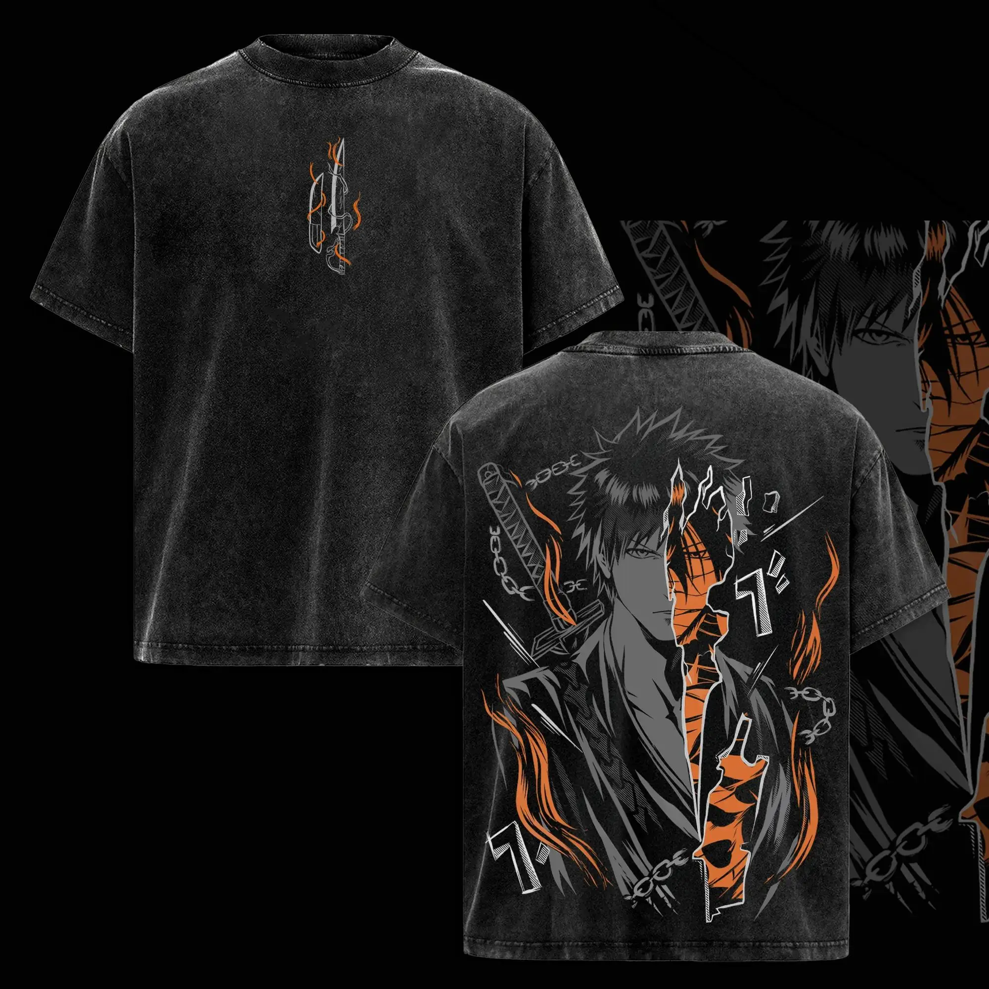Men's Oversized Rib Bleach Anime T-Shirt - Vintage Washed Ichigo Graphic Top, 230gsm Soft Cotton Seamless Short Sleeve Menswear Tee, Streetwear, Tshirt, Bleach Manga Graphic Men's Short-Sleeve T-Shirts, Pre-Washed Soft, Ichigo Print
