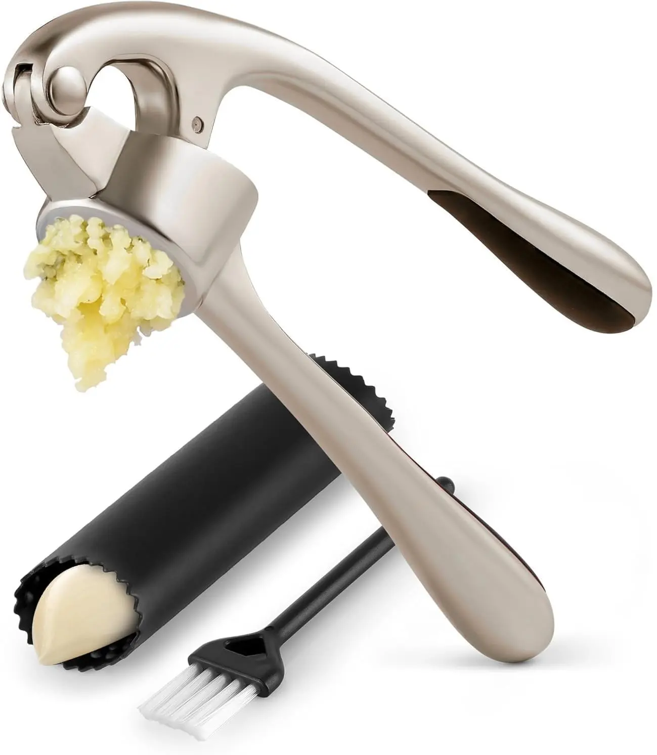Premium Garlic Press Set - Rust Proof Professional Garlic Mincer Tool - Easy-Squeeze, Easy-Clean with Soft, Ergonomic Handle - Silicone Garlic Peeler & Brush (Silver)