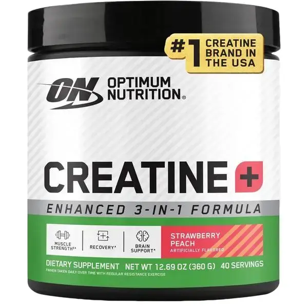 Optimum Nutrition Creatine Monohydrate Plus Powder, Strawberry Peach Flavored Creatine Performance Blend, with Electrolytes for Hydration, Added Vitamins, 40 Servings, 360 Grams (Packaging May Vary)