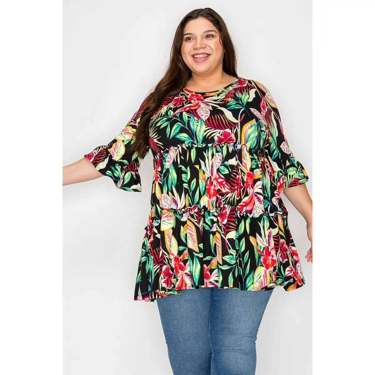 Lady's Tropical Print Tunic Top, Modest Islamic Fashion Shirt with Tiered Layers, Stretchy Clothes, Stretchy Fabric, Blouse, Shirts, Women, Tropical Clothing, Tunic Cut, Blouse Shirt
