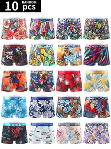 10-Pack Men's High Elasticity Boxer Briefs, No-RideUp Comfort Stretch Underwear, Graffiti Cartoon Graphic Prints, Soft Breathable Athletic Shorts, Multi-Color Mix for Sports Gym Cycling Daily Wear, Street Style, Stretchy Boxer Pants