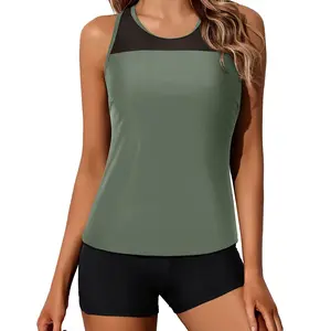 Yonique Women's Two Piece Athletic Tankini Swimsuits with Shorts, Mesh Shoulder Racerback Tank Top & Mid-Waist Solid Boy Shorts, Two-Piece Sporty Swimwear with Boy-Leg Bottoms