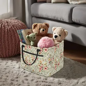 Floral Storage Basket for Car Interior, Quilted Auto Storage Organization with Handle, Foldable Durable Mom Storage Pouch for Picnic Shopping Car Desktop Decor
