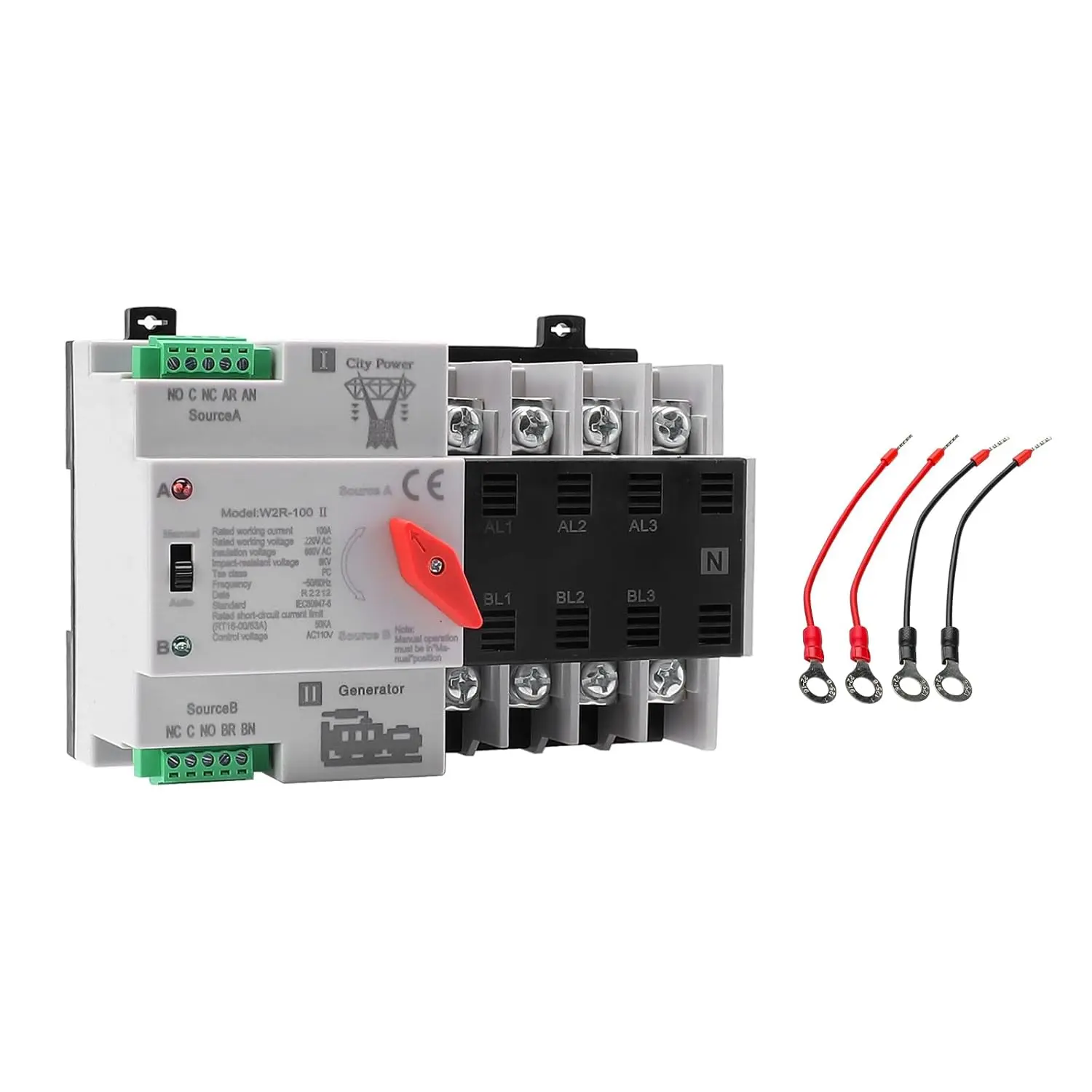 100A AC220V 4Pole Automatic-Manual Transfer Switch - 50/60Hz, Din Rail Mount, PA6 Plastic, Fast Transfer Safety Emergency Device for Home Generator, Data Centers (Solar Charge Controllers & Accessories, ATS 2P 100A AC220V)