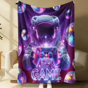 Dreamy Space Game Theme Blanket, Cyberpunk Astronaut & Neon Elements, Plush Warm, Perfect for Naps or Sofa, Gamer Essential