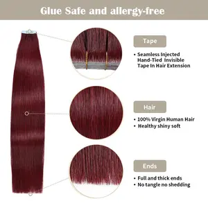YILITEHAIR #99J Burgundy Invisible Tape In Extensions Virgin Human Hair Virgin Human Hair for Natural Look Long Straight 16In 20Pcs