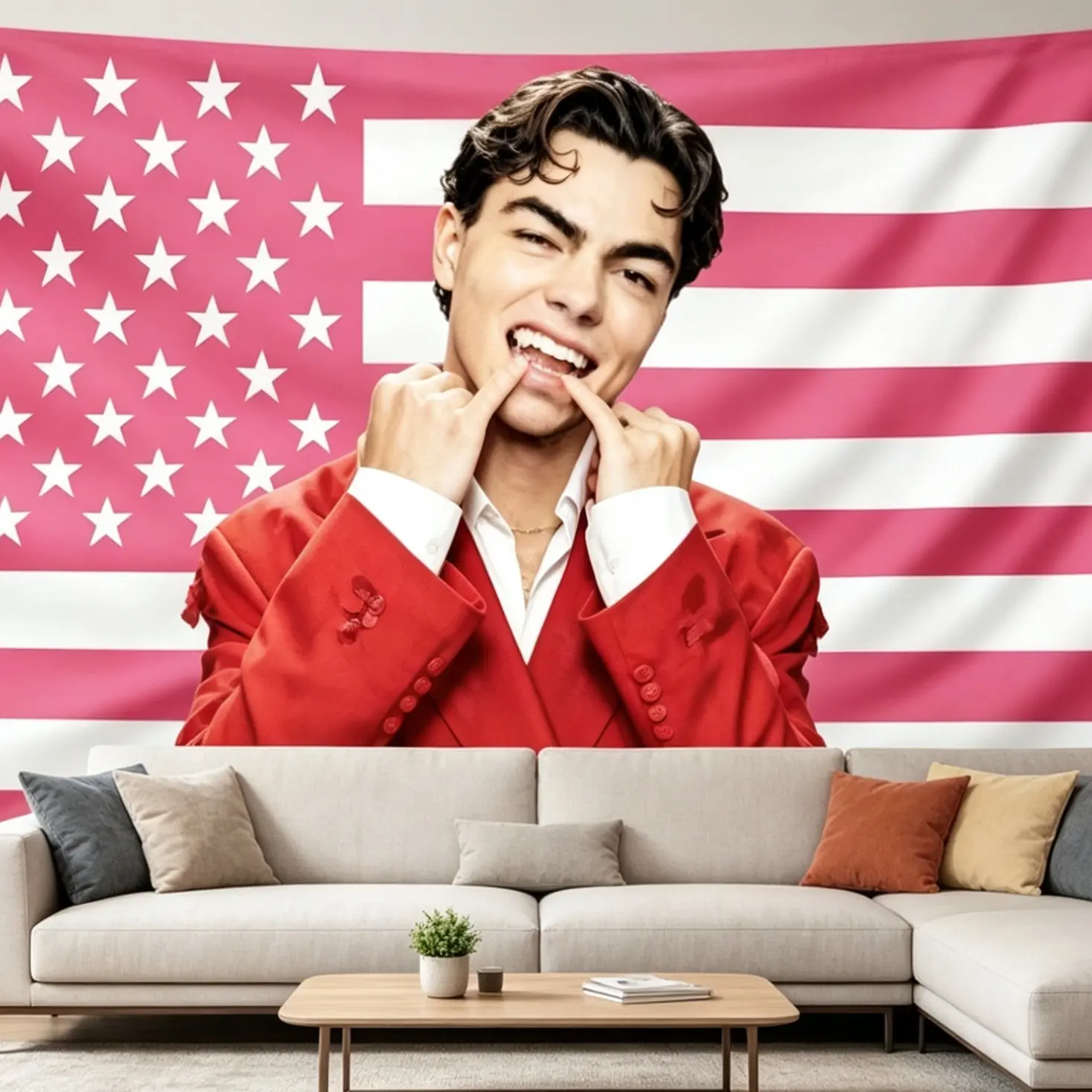 Malachi Barton's pink flag, bold red clothing, interesting tapestries, aesthetic fan flags designed for fans, wall decorations for teenage idols, dormitory gifts, or room atmosphere