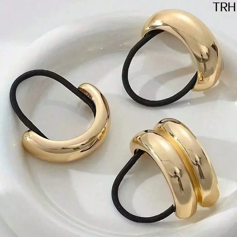 Women U Shape Metal Hair Ties, Minimalist Glossy Curved Ponytail Holders, Elegant Thick Metallic Hair Bands, Modern Cool Girl Hair Accessories, Stretchy Elastic Hair Scrunchies for Low Ponytail, Daily Casual & Evening Party Hairstyles