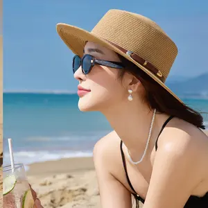 Summer women's sun hat, sun protection, raffia straw hat, elegant flat-top hat, seaside beach wide-brim sun hats