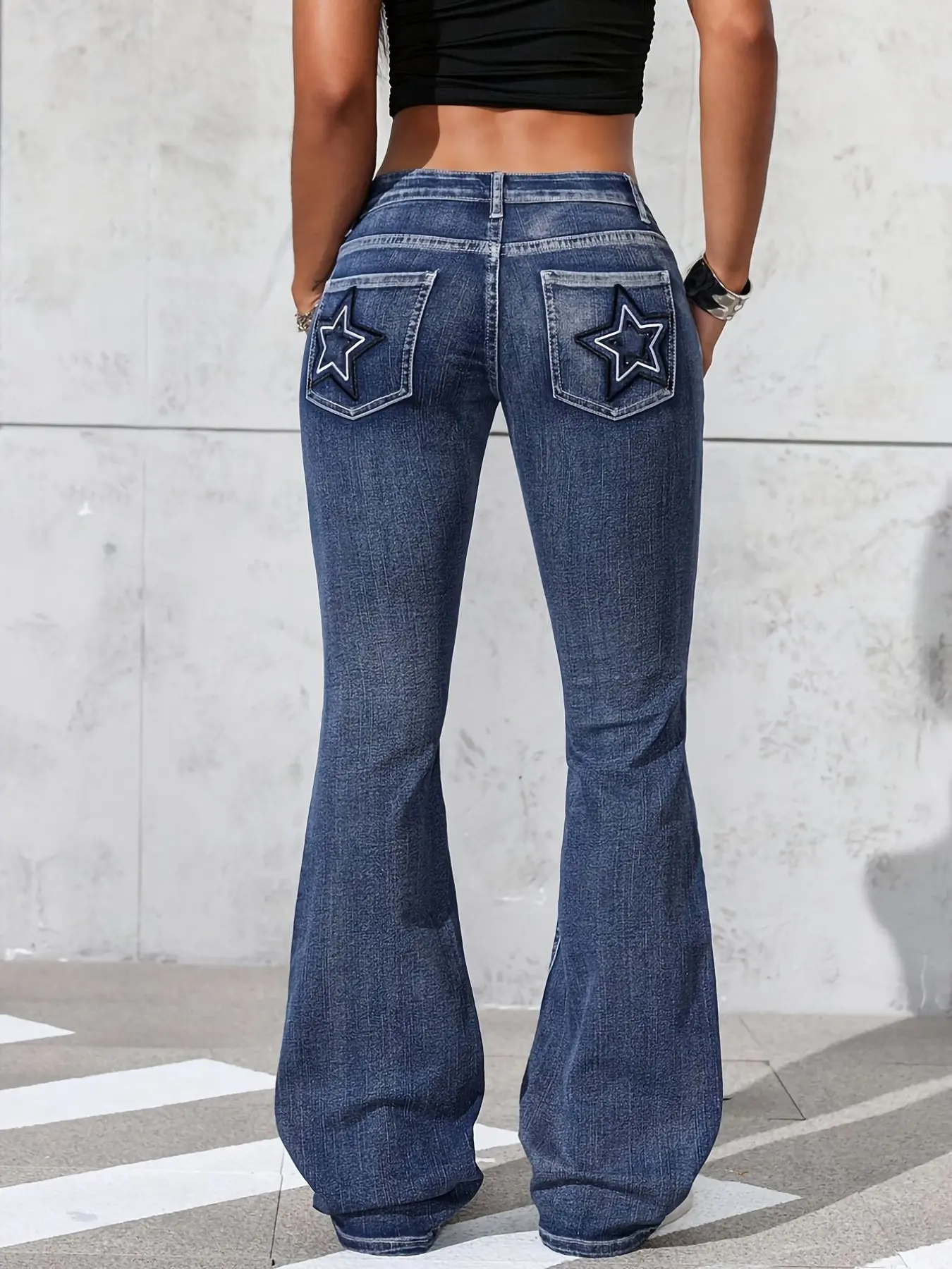 Women's Y2K Star Embroidery Pocket Low Waist Stretch Bell Bottoms Jeans, Casual Versatile Denim Jeans, Fashionable and Comfortable Streetwear Pants, Casual Flared Leg Jeans