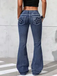 Women's Y2K Star Embroidery Pocket Low Waist Stretch Bell Bottom Jeans, Casual Versatile Denim Jeans, Fashionable and Comfortable