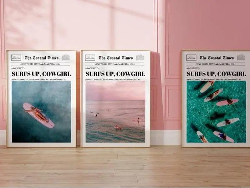 Surfs Up Cowgirl Poster Set of 3 – Western Beach Aesthetic Wall Art, Coastal Cowgirl Newspaper Prints, Digital Download for Boho Room Decor