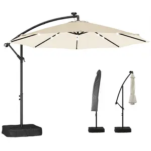 10 ft Cantilever Patio Umbrella with Light, Weight, Offset Hanging Outdoor Umbrella with Protective Cover, Cross Base, Sandbag, for Outside