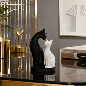 Black and White Nordic Modern Minimalist Resin Cat Figurine - Lightweight Small-Size Cute Animal Sculpture, Artistic Ornaments, Household Decor Things for Rooms, Living Room TV Stand Shelf Tabletop Accents