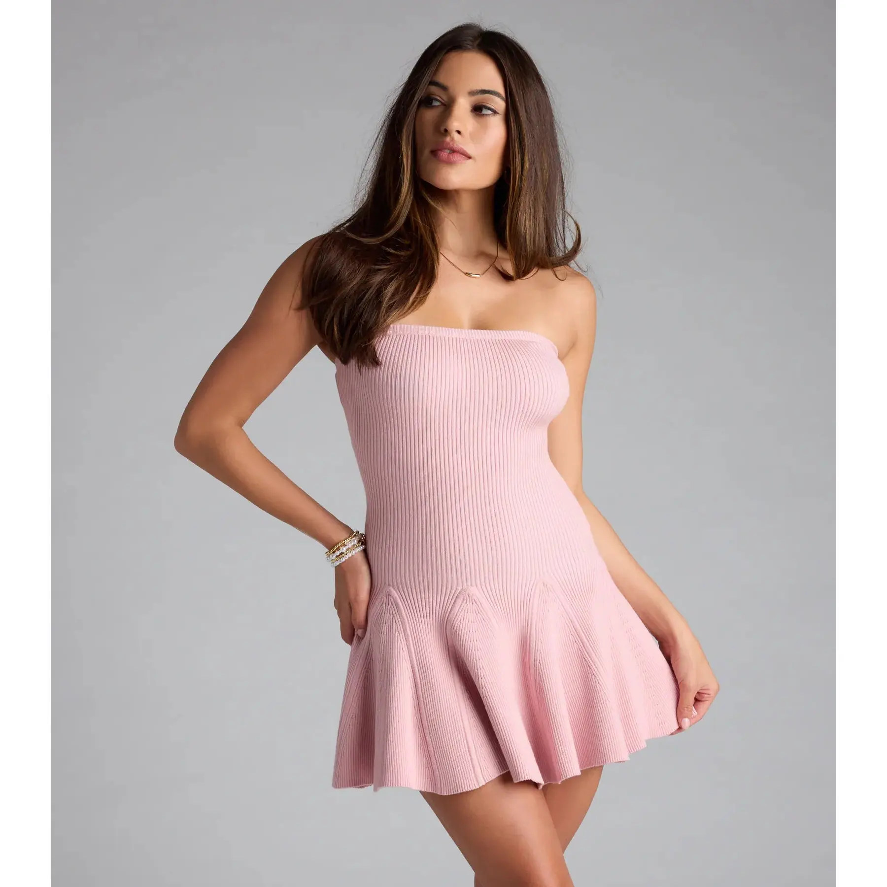Flirty And Flowy Ribbed Knit Strapless Skater Dress - TikTok Shop