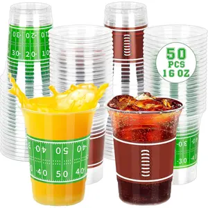 50 PCS Football Cups, 16 OZ Football Party Cups, Thickened Football Plastic Cups, Disposable Clear Drinking Cups in 2 Designs for Football Party Supplies Football Party Decorations Touchdown Favors