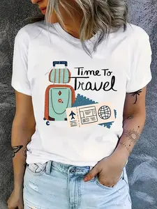 100% Cotton Women'S Casual "Time to Travel" Graphic T-Shirt - White with Colorful Suitcase & Airplane Design, Short Sleeve, Round Neck, Medium Stretch, Machine Washable, Travel Clothes