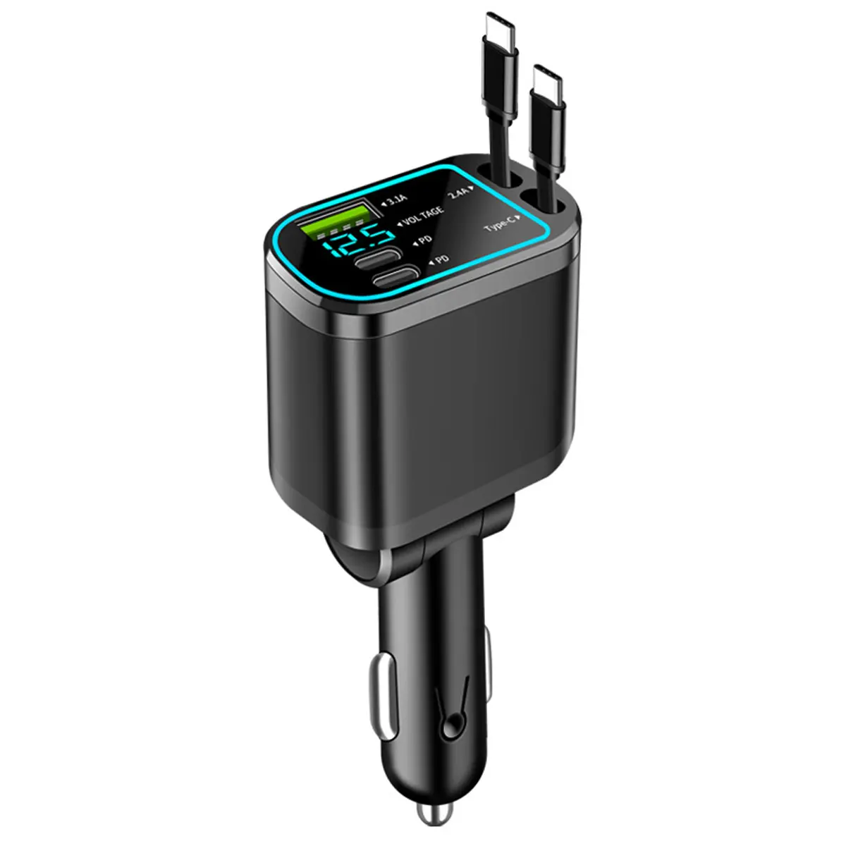 Car Charger with 2 Retractable Cables, USB 3.1A Dual Type C Fast Charging, Support Voltage Detection, Mobile Phone Charger with Atmosphere Light, High Efficiency Charger, Fast Charging Solution, Retractable Phone Charger For Car