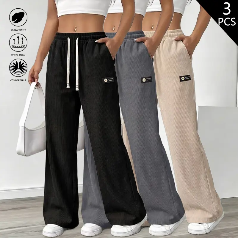 LIFE KEEPS MOVING 3-Pack Women’s Vintage Flannel Textural Loose Straight-Leg Pants, Autumn/Winter Street Fashion Casual Wide-Leg Pants, Sporty Casual Wide-Leg Pants, Adjustable Drawstring Waistband