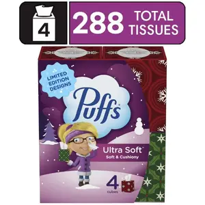 Puffs Ultra Soft Facial Tissues, 4 Mega Cube Box, 72 Facial Tissues Per Box
