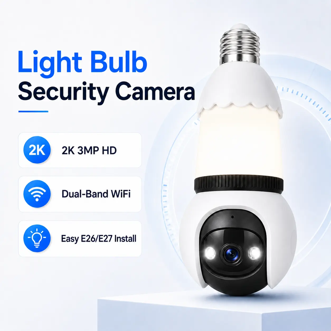 E26/E27 Socket Mount Light Bulb Security Camera - 2K 3MP Dual-Band 2.4GHz/5GHz WiFi, Easy Installation, 355° Pan-90° PTZ Tilt, AI Human Detection, Auto Tracking, 24/7 Monitoring, Micro SD Compatible Recording