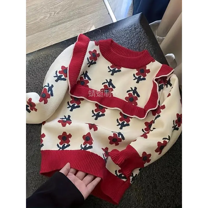Cute Girls' Thick Knit Sweater - Autumn Winter Stylish Floral Design Pullover, Cozy Medium-Size Kids' Top, Cute Girls' Sweaters
